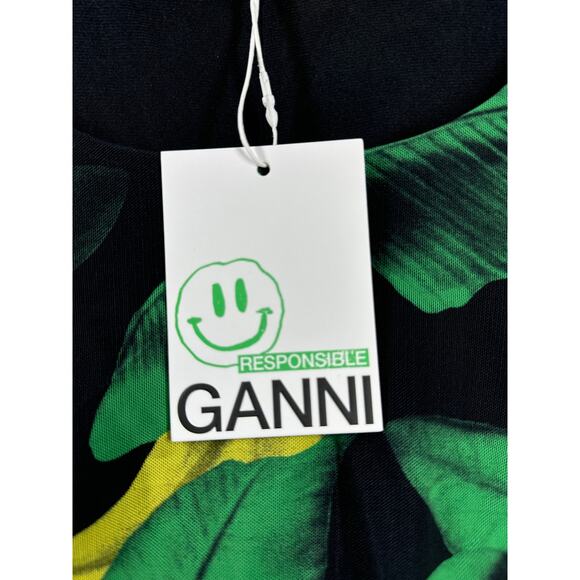 GANNI Ruched Tropical Print Green Black Yellow Stretch-Mesh Midi Dress Size 6 - Picture 3 of 6